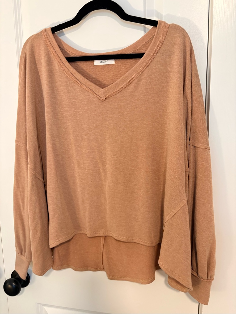 Cherish Relaxed V-Neck Long Sleeve Top - Camel Tan